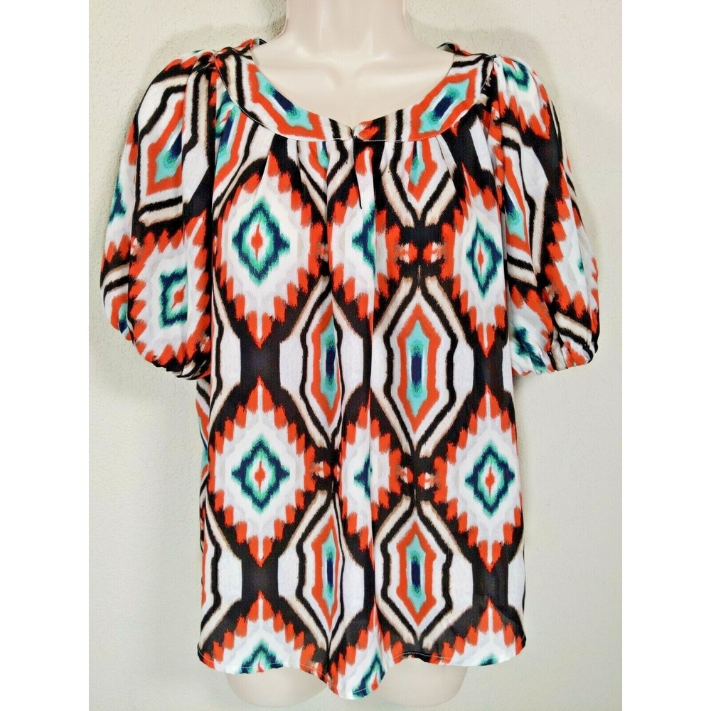 My Michelle Orange Green Geo Print Blouse Short Sleeve Sz Small